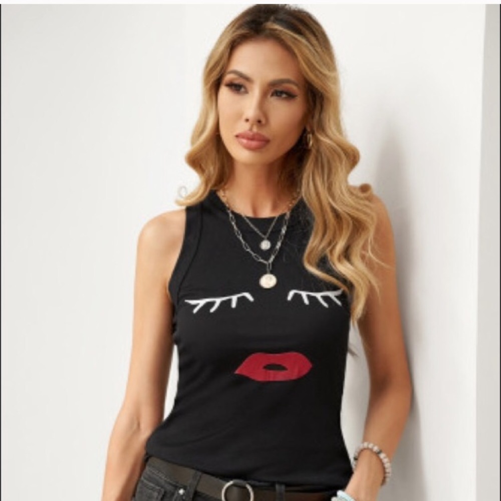 NWT Black Lashes & Lips Razorback Tank Top